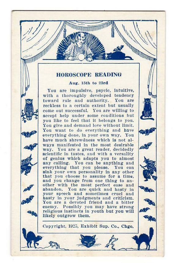Horoscope Arcade Vending Card 1929 Witch Bats Owls Fortune Teller Aug 7 To 14 F Ebay