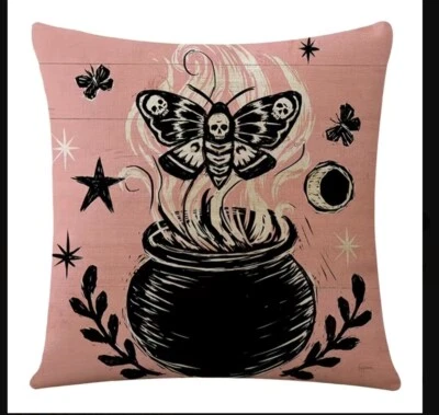 Funda de Almohada Rosa Halloween 18X18 Decoraciones para el Hogar, Polilla Cabeza de la Muerte, Gótica Foto 1 de 2