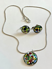 Silver Tone Mosiac Glass Pendant Necklace With Matching Clip On Earrings