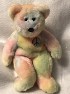 TY Beanie Buddies Large Peace Bear 1999 Pastel Tie-Dye 14” No Hang Tag - Picture 1 of 11