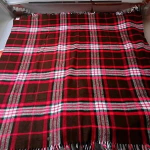 Troy Blanket Mills Vintage Wool Blend Red/Brown Plaid W/ Fringe 60"x 56" Warm  - Picture 1 of 5