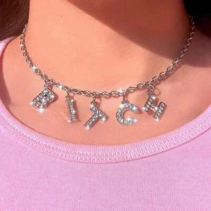 Punk Personality Fashion Rhinestone Letter Necklace Women Gothic Statement Gifts - Picture 1 of 11