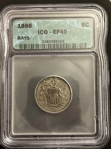 1866 SHIELD NICKEL RAYS - ICG EF40 - (Under Graded ) - Picture 1 of 5