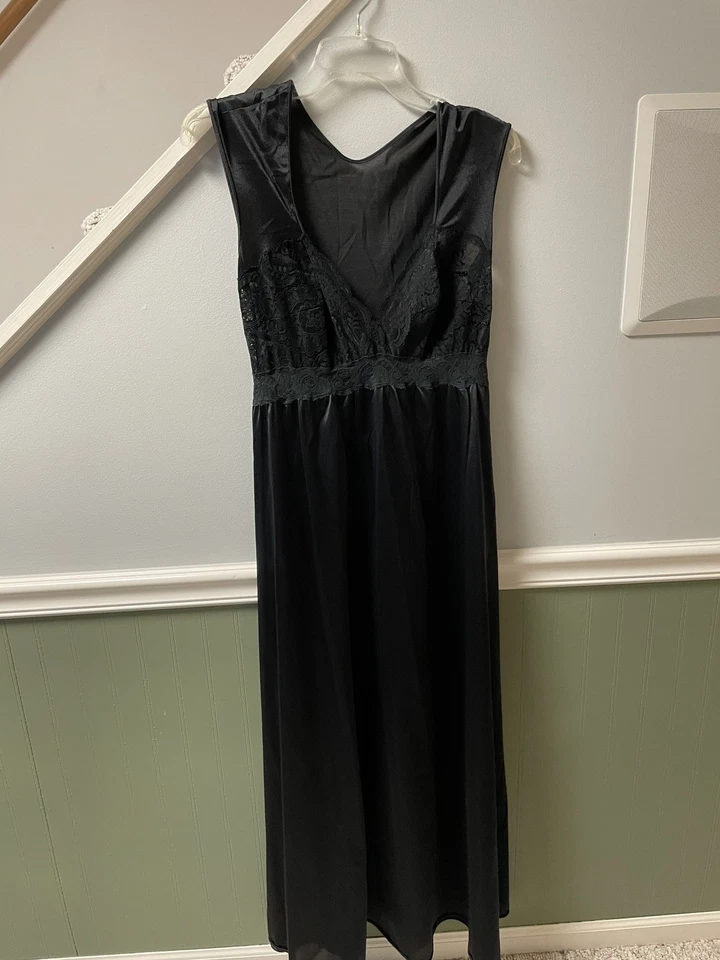 Camisón Olga Vintage Barrido Completo Nylon Sedoso Encaje, Negro XL Foto 1 de 4