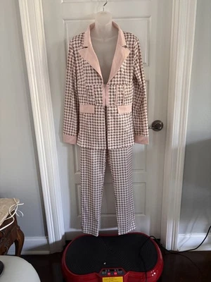 Conjunto de chaqueta y pantalón de 2 piezas de pata de gallo blanco y beige para mujer talla grande NUEVO Foto 1 de 4