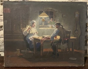 Huile sur toile signée : scène d'intérieur - Le breton la bretonne et le chat - Foto 1 di 13