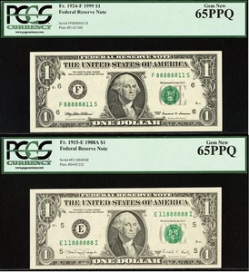 1999 & 1988A $1 FRN PCGS 65PPQ Fancy Binary Serial Number 11888888/88888811 - Picture 1 of 5
