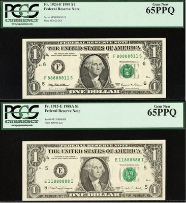 1999 & 1988A $1 FRN PCGS 65PPQ Fancy Binary Serial Number 11888888/88888811 - Image 1 of 4
