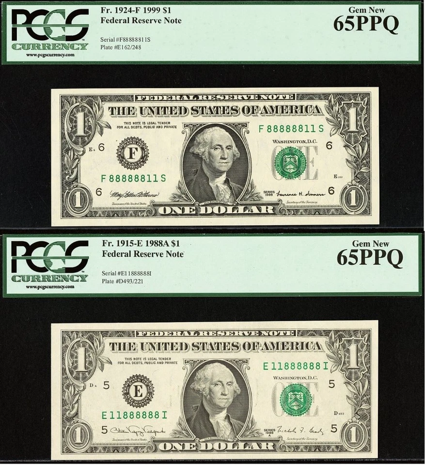 1999 & 1988A $1 FRN PCGS 65PPQ Fancy Binary Serial Number 11888888/88888811 - Image 1 of 4