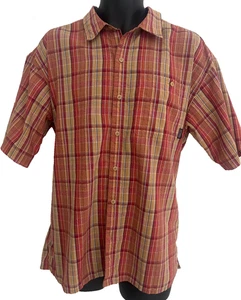 Patagonia Button Up Shirt Mens Size L Red Tan Plaid Striped Short Sleeve - Picture 1 of 7