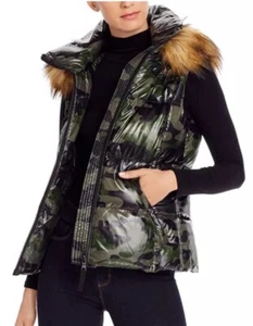 AQUA Faux Fur-Trim Hooded Camo Puffer Duck Down Vest -S - Picture 1 of 5