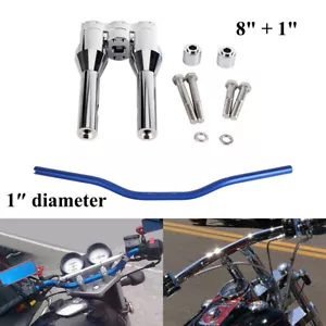 8" + 1" Chrome Handlebar Risers Kit 1" Blue Handlebar For Harley Softail FXST - Picture 1 of 8