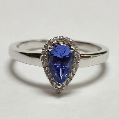 Anillo de plata 925 enchapado en platino con halo de tanzanita y circón corte pera D’Joy talla 8 Foto 1 de 4