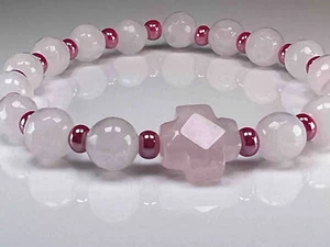 Bracciale elastico in Quarzo Rosa e perline di vetro - Foto 1 di 1