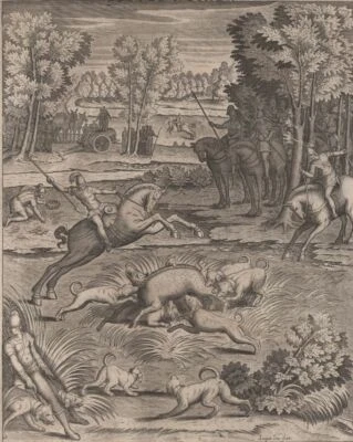 Mythologie Chasse Bêtes noires Sanglier Chiens Jaspar Isaac Gravure originale - Photo 1/2
