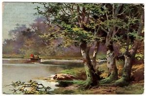 Antique postcard landscape forest lake art painting °1911 German edwardian litho - Picture 1 of 2