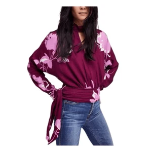 Free People Small Top Burgunderrot Blumen Stehkragen Langarm Halsband V-Ausschnitt 1043 - Bild 1 von 16