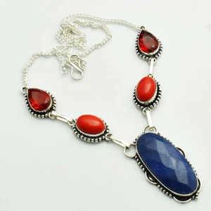 Simulated Sapphire Coral Gemstone Ethnic Handmade Necklace Jewelry29 Gms AN 9051 - Picture 1 of 1