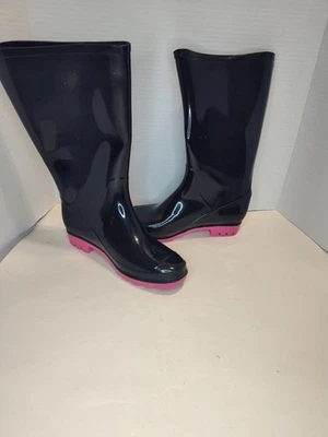 Talla-6 Botas Largas Lluvia/Agua Bicolor Punta Redonda Mujer Negro Rosa Nieve Agua Barro Foto 1 de 4