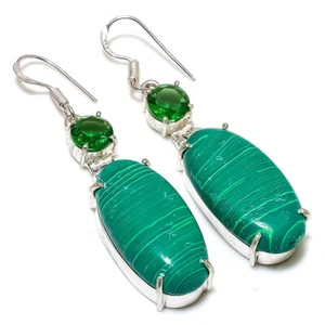 Malachite Diopside Quartz Gemstone Silver Plated Dangle Earrings Jewelry 2" - Picture 1 of 1