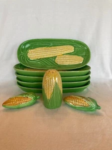 Vintage Majolica Style Embossed Corn Plates 1950s Made In Japan W/ Salt Pepper - Picture 1 of 10