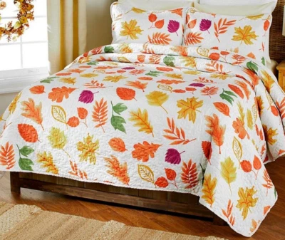 NEW Colorful Leaves Bedding King Sz 3 Pc Leaf Quilt Set Comforter & Shams beige - Image 1 of 3