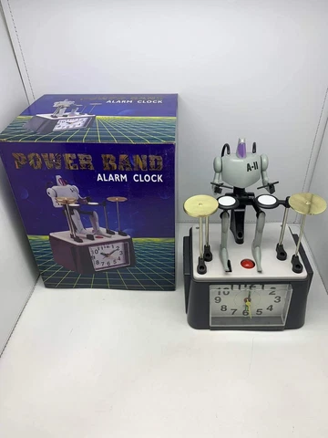 Vintage Power Band Quartz Alarm Clock Robot Playing Drums Taiwan RARE NEW UNUSED Cover