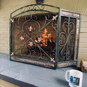 3 Panel Iron Fireplace Mesh Screen Antique Scroll Metal Fleur De Lis Traditional - Picture 1 of 12