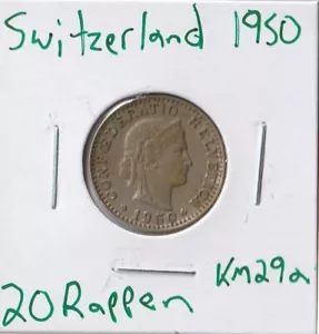 Coin Switzerland 20 Rappen 1950 KM29a - Picture 1 of 2