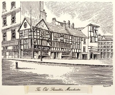 PAUL CASTLE SIGNED ORIGINAL 20TH C. PEN DRAWING "THE OLD SHAMBLES, MANCHESTER". - Image 1 of 4