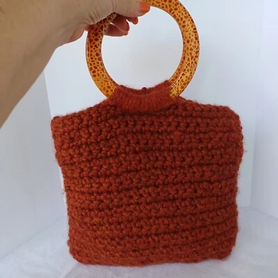 Bolso de Mano Vintage Tejido a Mano Mezcla de Lana Óxido Color Canela Grandes Asas Redondas Foto 1 de 4