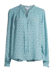 NWT Time and Tru Women’s Blue Geo Print Smocked Tied Long Sleeve Blouse M(8-10) - Picture 1 of 24
