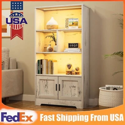 JOJOKA Wood Bookshelf with LED Light Open Display Shelf Storage Cabinet Bookcase White