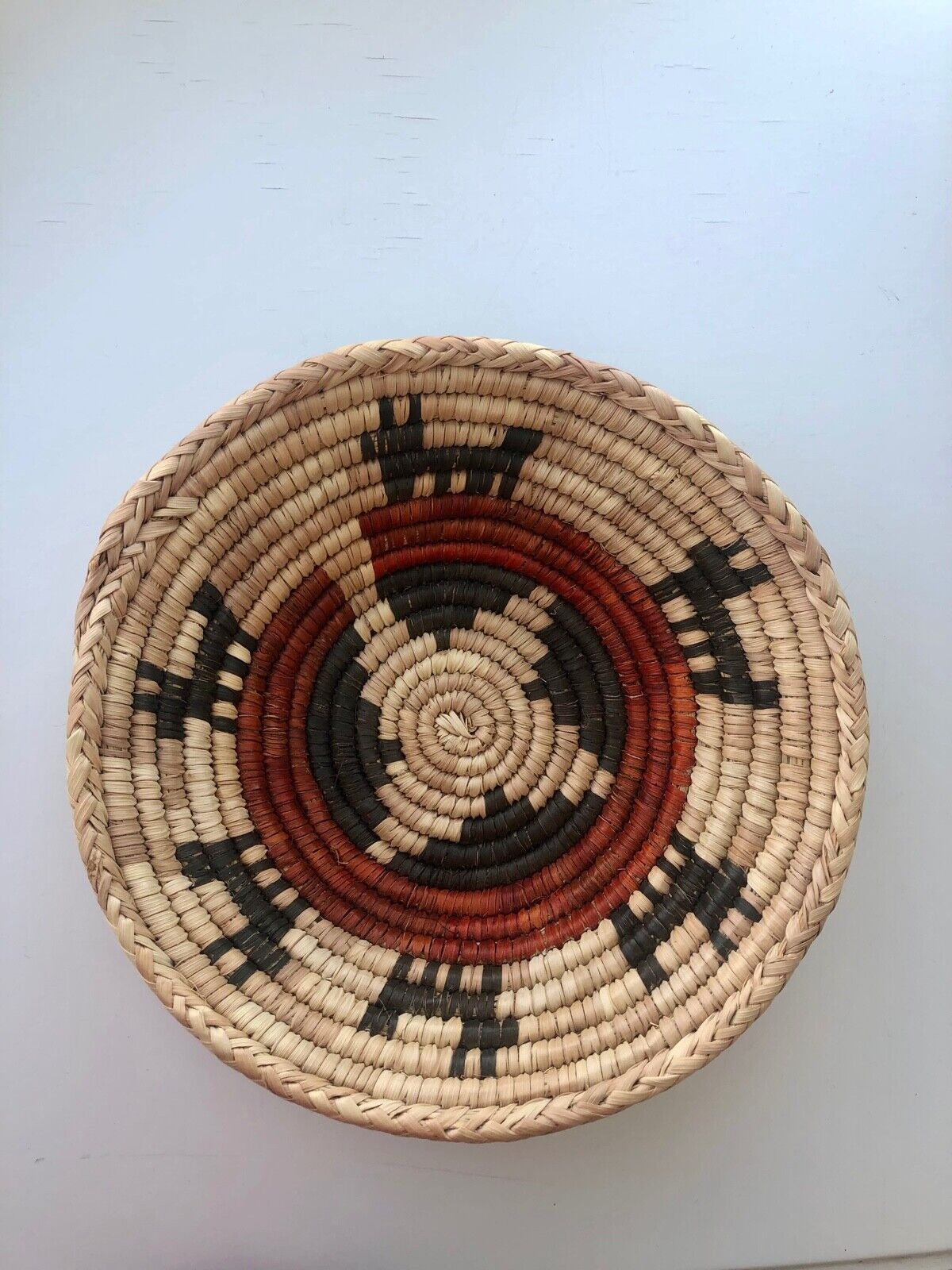 Native Type Round Basket,Hand Woven Coil Basket in Natural Brown and Red 7