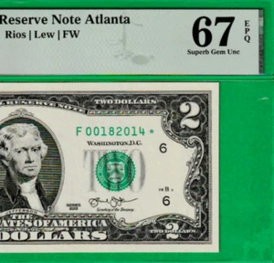 $2  BIRTH YEAR  S/N 00-18-2014*  Federal Reserve note  STAR  ⭐ PMG SUPERB 67 - Picture 1 of 3