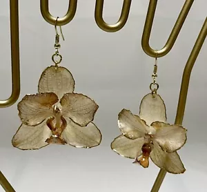 3D Hand-Dipped Resin Dry Real White Small Orchid Dangling Earrings - NEW - Picture 1 of 4