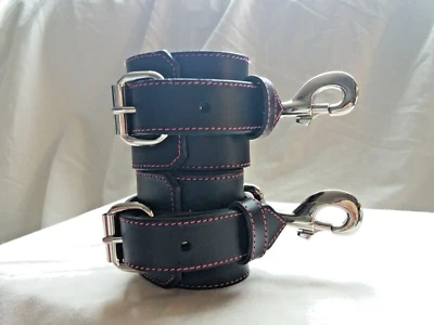 ANITA'S FLOWERS Bondage Wrist Cuffs Fetish Heavy Duty Leather Black & Pink Adult Restraints BDSM