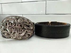 Womens Harley Davidson Black Leather Belt Studded Biker Buckle Lot of 2 2007 M L - Picture 1 of 18