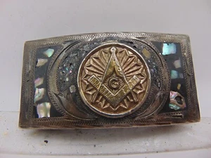Vintage Masonic Alpaca Masonic Mexico Silver Abalone Inlay Belt Buckle Masons - Picture 1 of 8