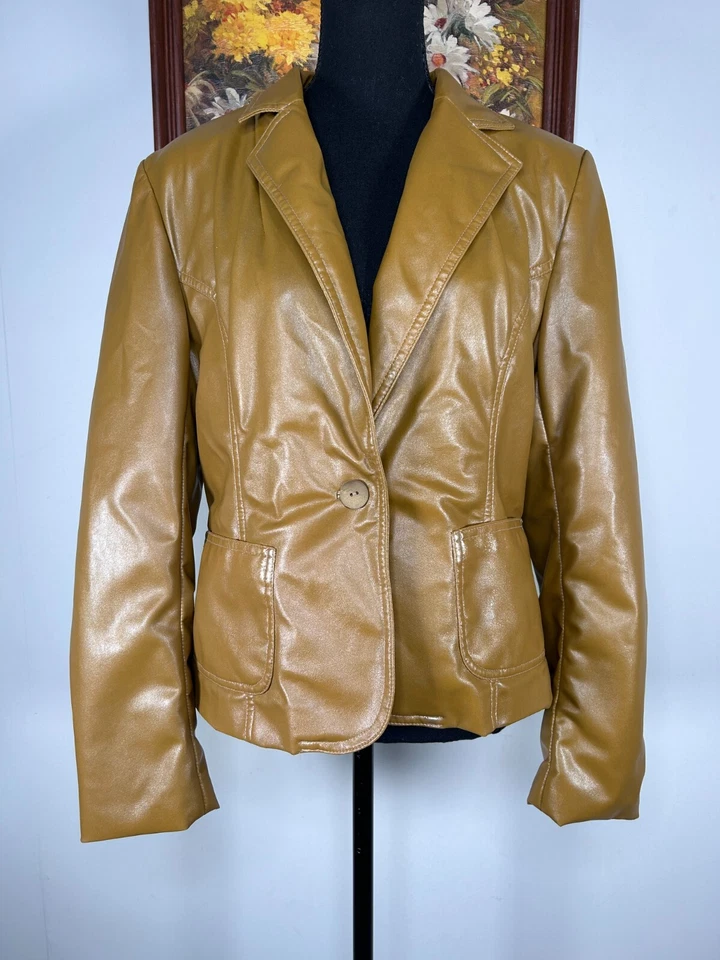 Chaqueta Worthington de cuero sintético para mujer mediana marrón amarillo brillante bolsillos Foto 1 de 4