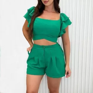 LIQUIDACIÓN - Talla S - Conjunto de Pantalones Cortos Cintura Alta Manga Volantes Color Sólido - Imagen 1 de 11