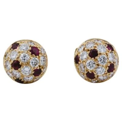 卡地亚红宝石钻石 18K 黄金小圆顶耳环 — 第 1/4 张图片