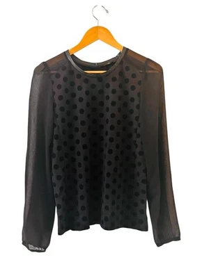 Maje Womens Black Polka Dot Mesh Sheer Top Size L Leather Trim Edgy Statement - Image 1 of 4