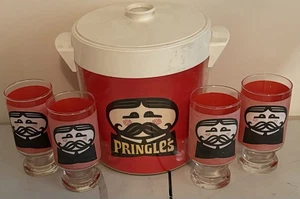 Vintage Pringles Chips Ice Bucket And 4 Glasses With Pringles Chips Logos. - Picture 1 of 4