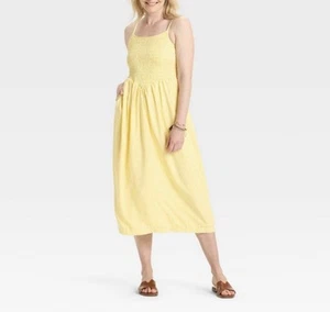 a new day gesmoktes Midikleid gelb weiß Gingham Sommerkleid Größe Medium neu mit Etikett - Bild 1 von 12