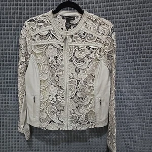 Faux Leather Sheer Lace Jacket SzLg Zip Cream Floral Elegant Feminine Boho Chic - Picture 1 of 13