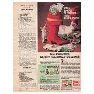 Puss N Boots Cat Food Vintage Magazine Print Ad Holiday Sweepstakes Kittens 1962 - Picture 1 of 1
