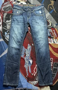 Rock Revival Jeans Russell Slim Straight Mens 33 Blue Dark Thick Stitch Cotton - Picture 1 of 17