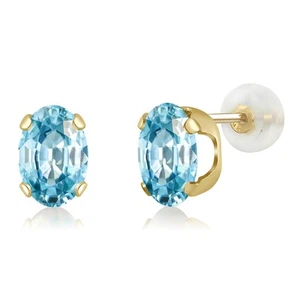 14K Yellow Gold Blue Zircon Stud Earrings For Women (2.40 Ct Oval 7X5MM) - Picture 1 of 3