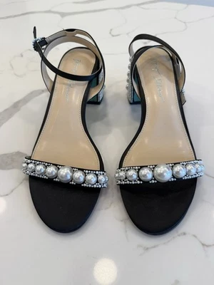 Betsey Johnson 黑色踝带珍珠装饰方跟 7.5 码 — 第 1/4 张图片